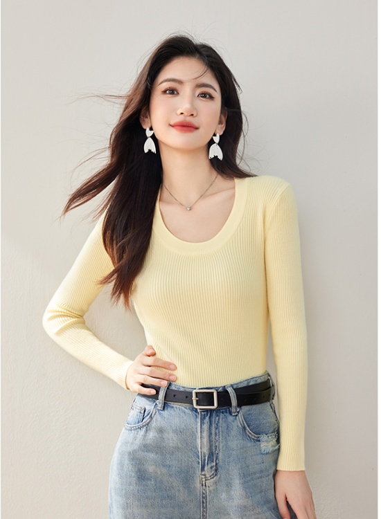 U-neck autumn tops slim pure T-shirt for women