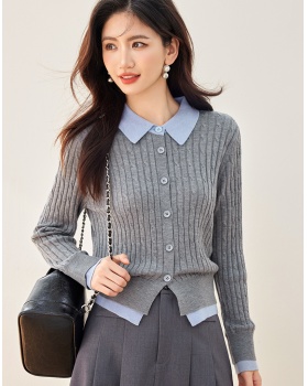 Splice stripe commuting cardigan Pseudo-two autumn tops