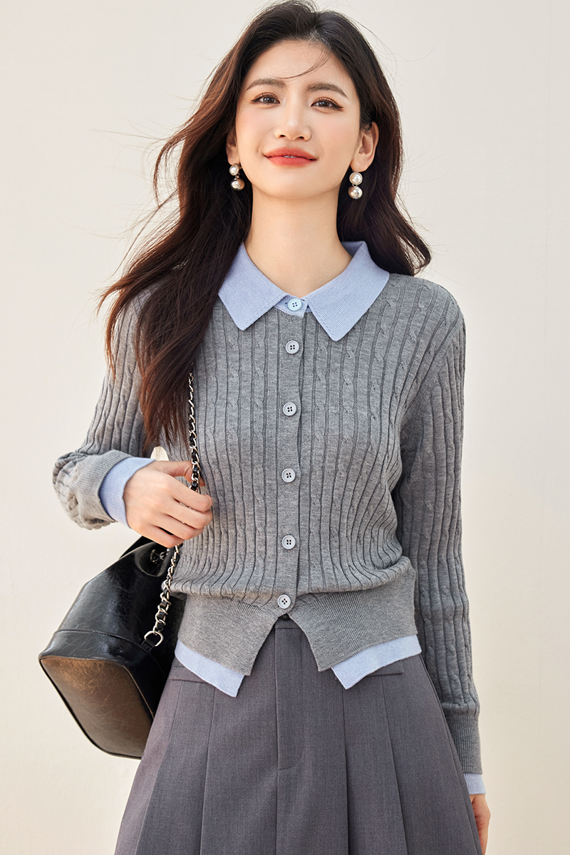 Splice stripe commuting cardigan Pseudo-two autumn tops