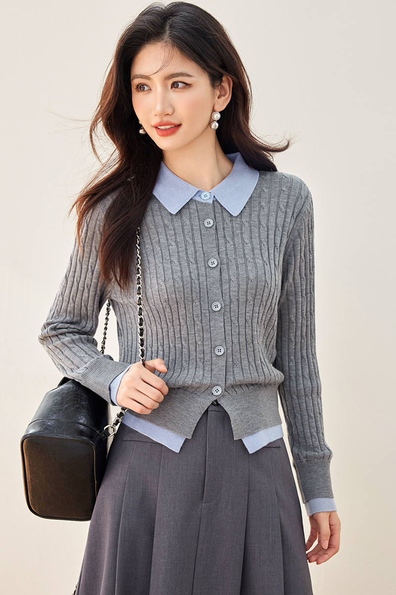 Splice stripe commuting cardigan Pseudo-two autumn tops