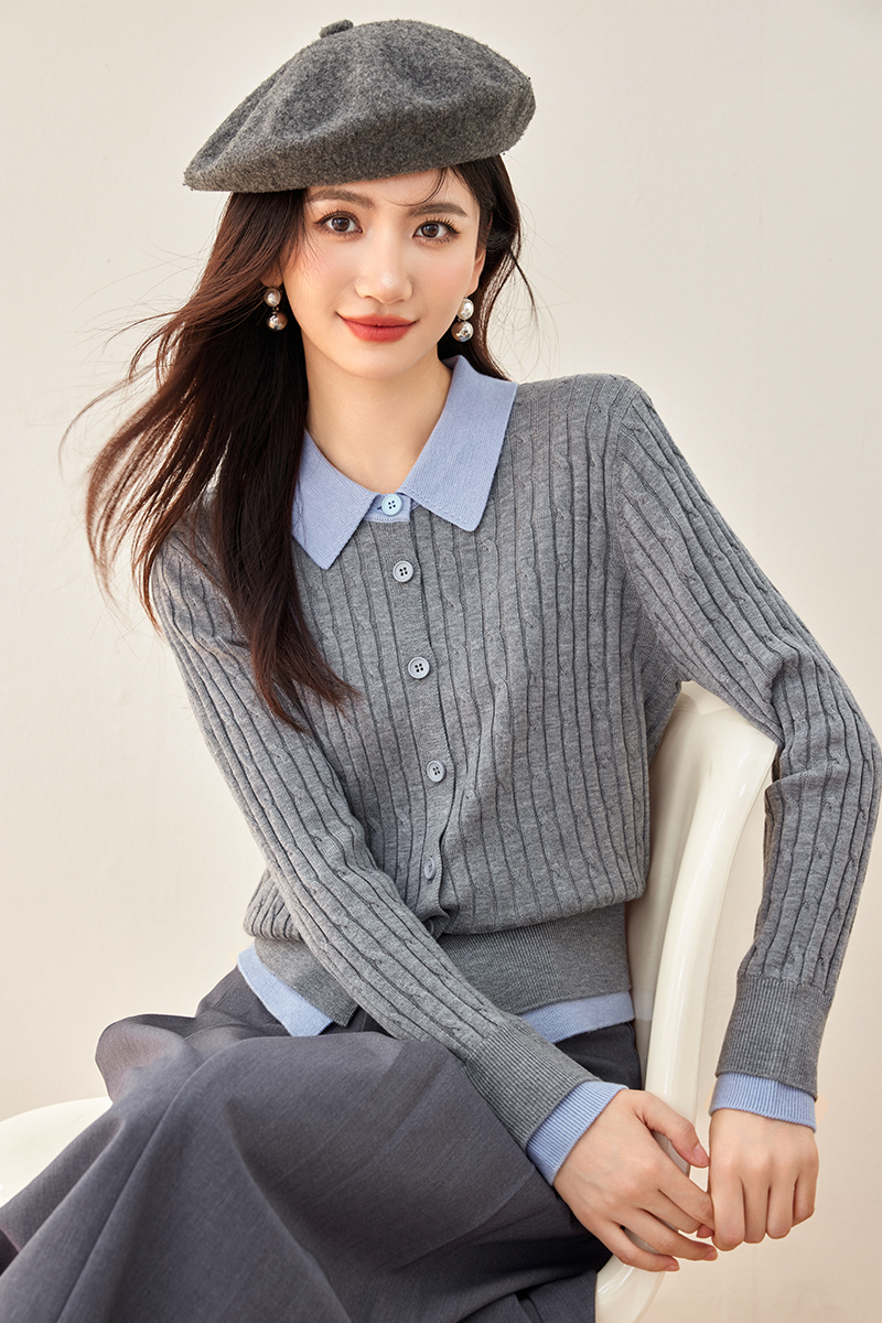 Splice stripe commuting cardigan Pseudo-two autumn tops