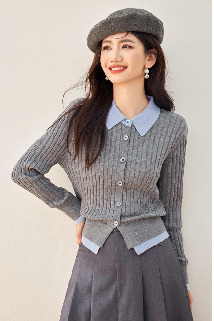 Splice stripe commuting cardigan Pseudo-two autumn tops