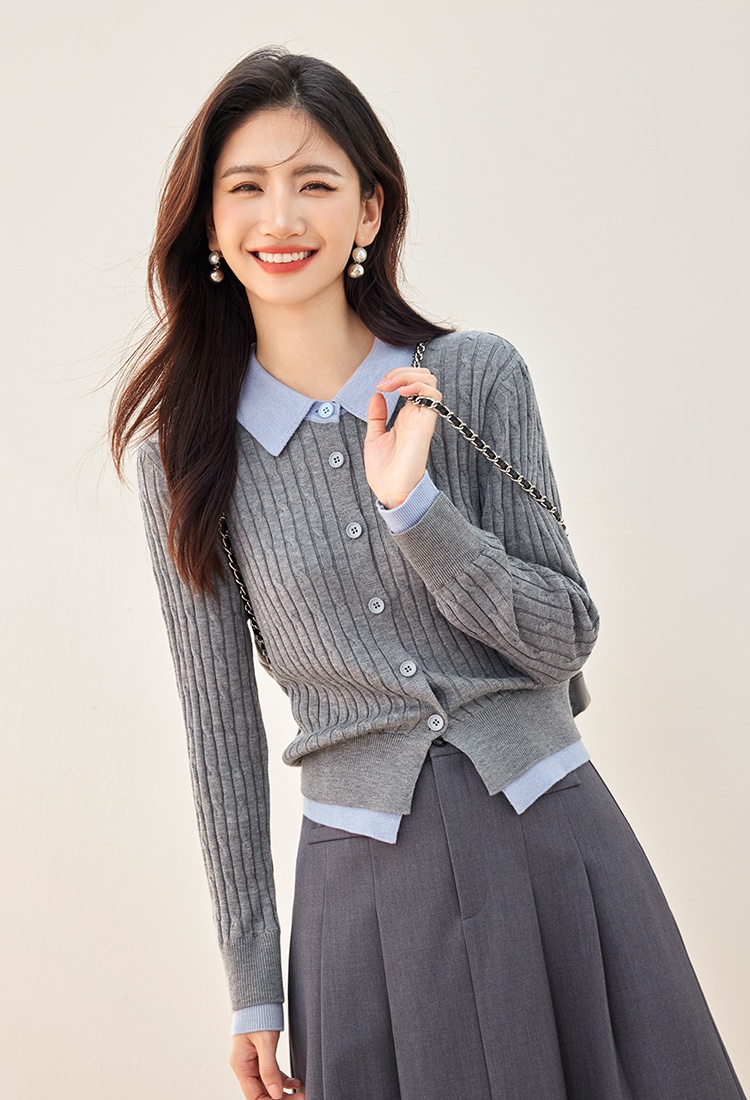 Splice stripe commuting cardigan Pseudo-two autumn tops