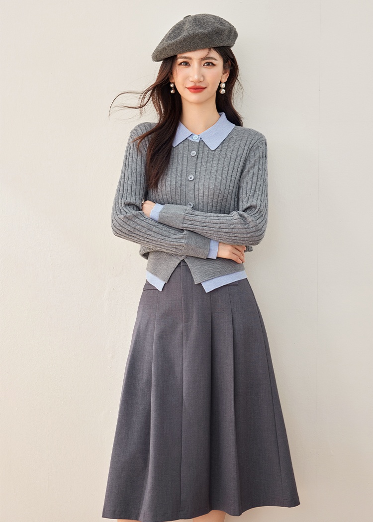 Splice stripe commuting cardigan Pseudo-two autumn tops