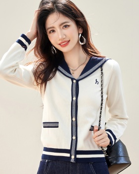 Navy collar knitted cardigan autumn tops for women