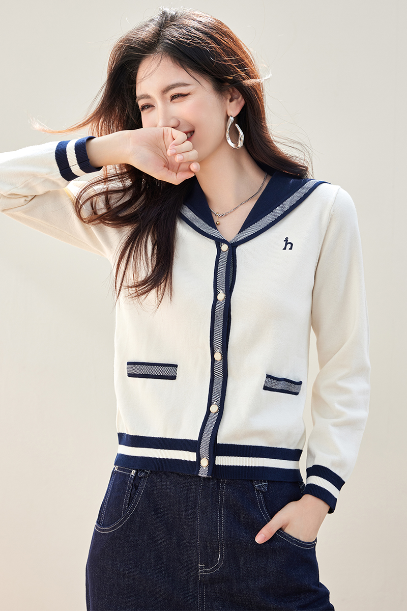 Navy collar knitted cardigan autumn tops for women