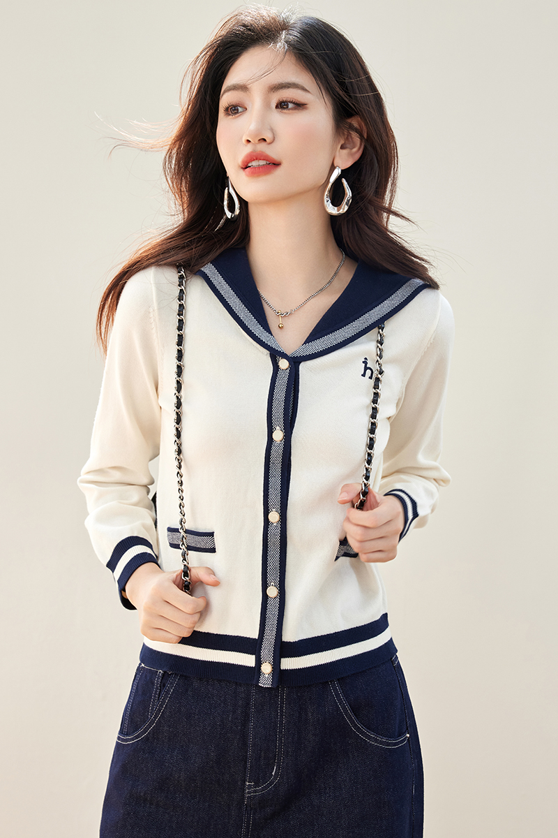 Navy collar knitted cardigan autumn tops for women