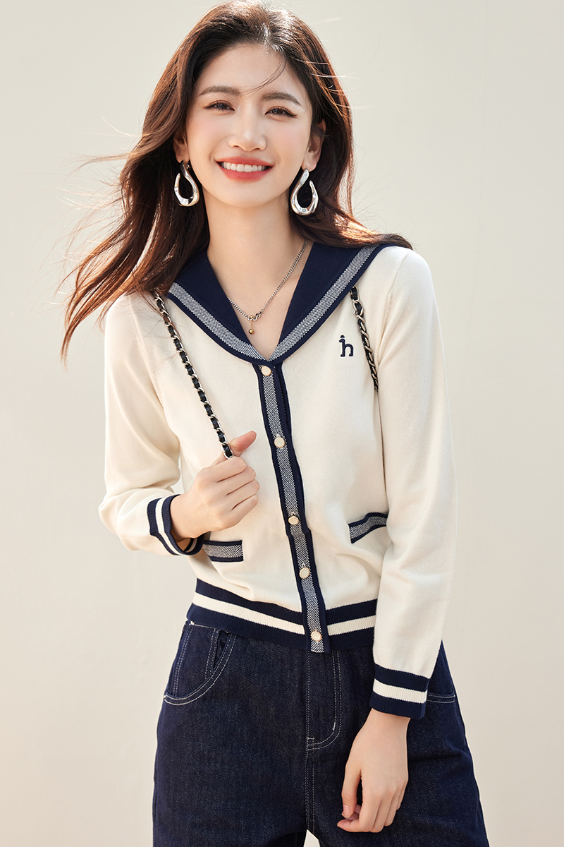 Navy collar knitted cardigan autumn tops for women