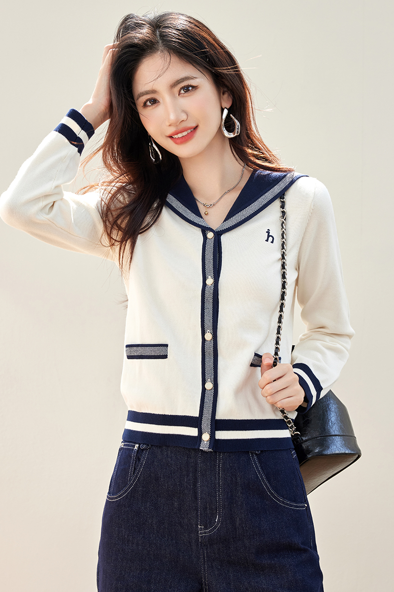 Navy collar knitted cardigan autumn tops for women