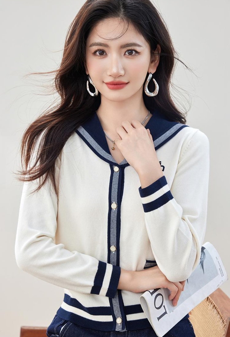 Navy collar knitted cardigan autumn tops for women