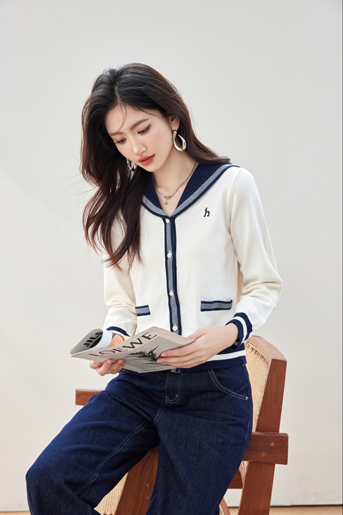 Navy collar knitted cardigan autumn tops for women