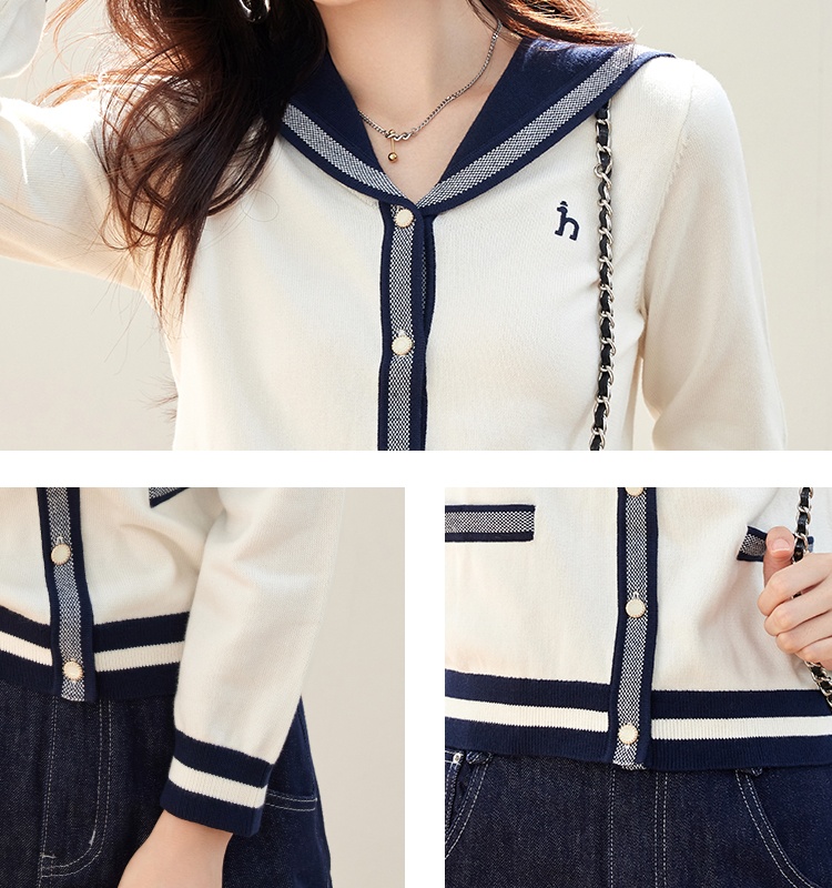 Navy collar knitted cardigan autumn tops for women