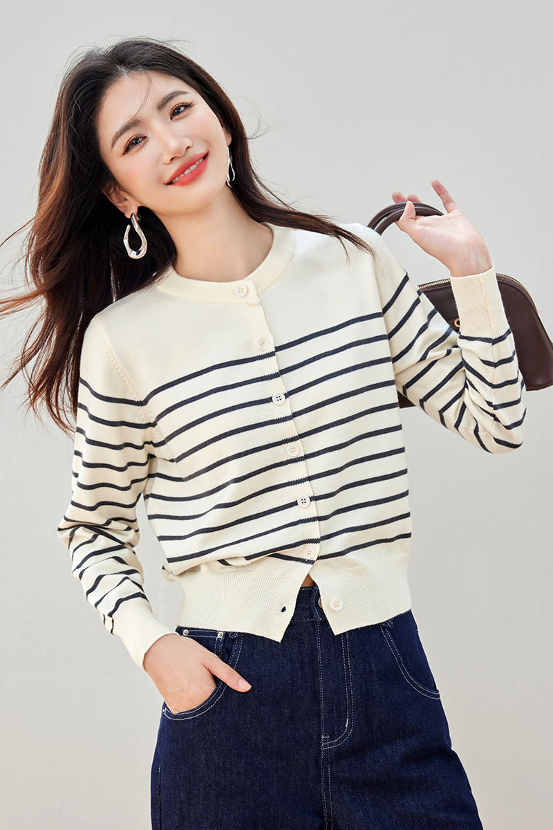 Retro stripe sweater wool small cardigan for women