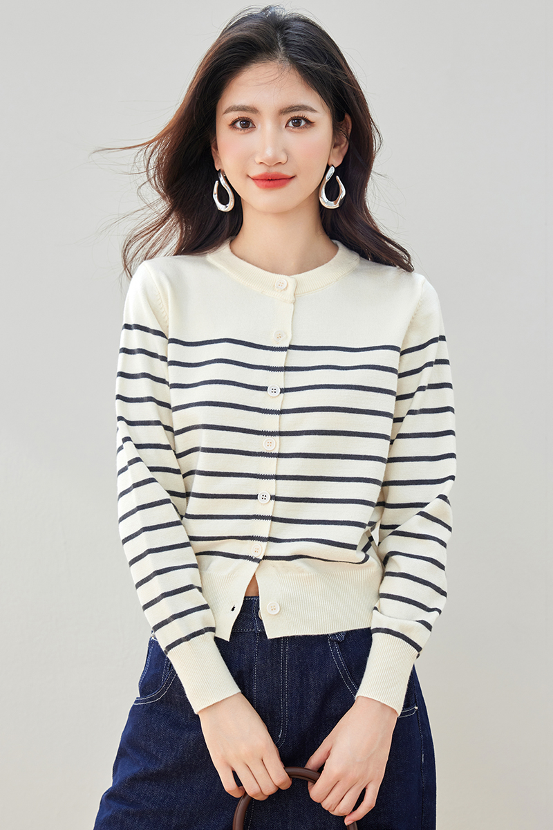 Retro stripe sweater wool small cardigan for women