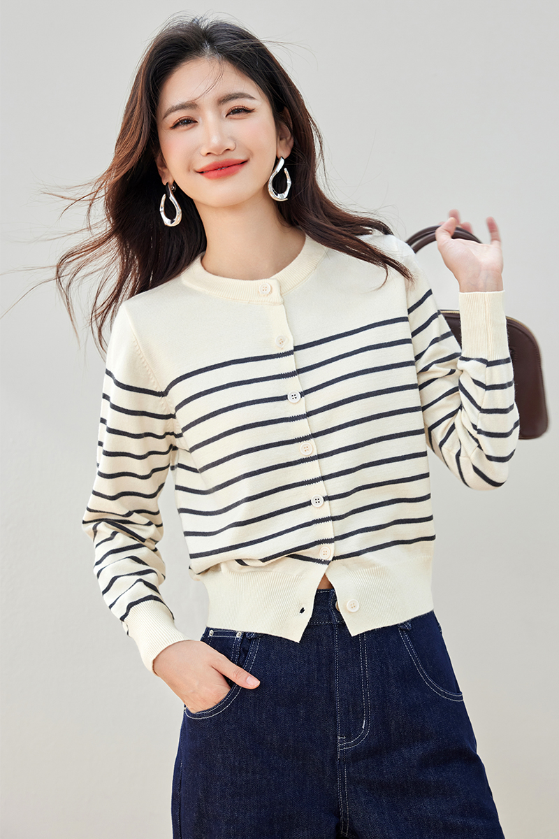 Retro stripe sweater wool small cardigan for women