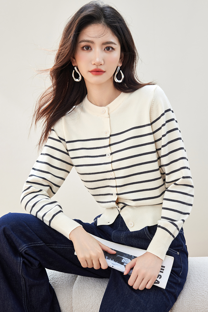 Retro stripe sweater wool small cardigan for women