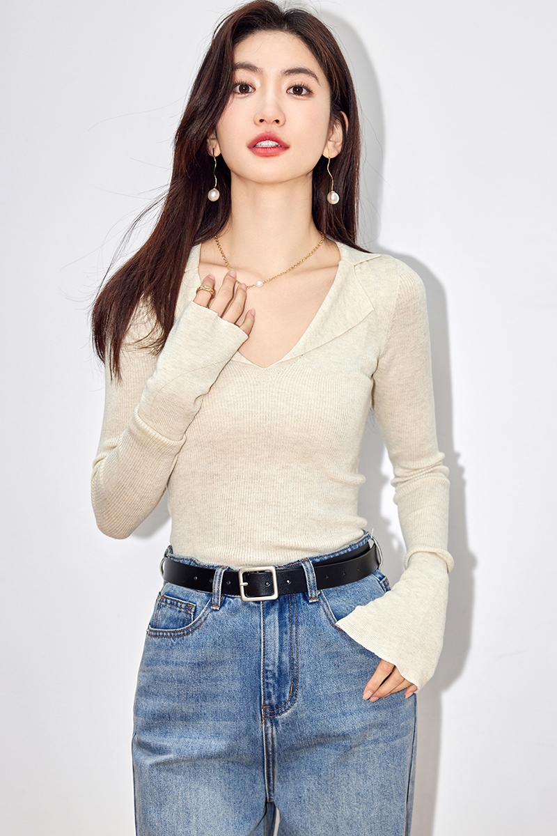 Lapel trumpet sleeves sweater France style tops