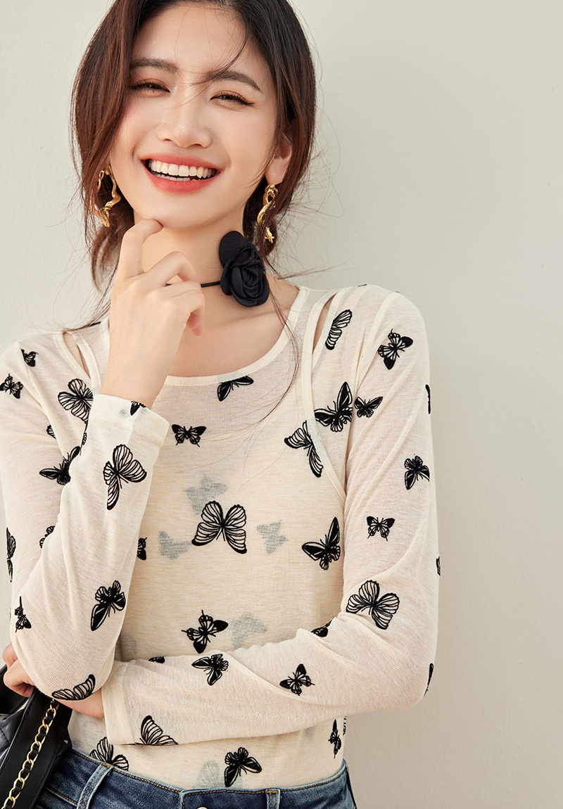 Long sleeve Pseudo-two bottoming shirt butterfly T-shirt