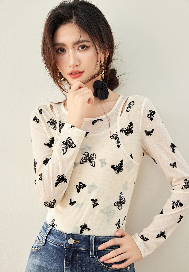 Long sleeve Pseudo-two bottoming shirt butterfly T-shirt