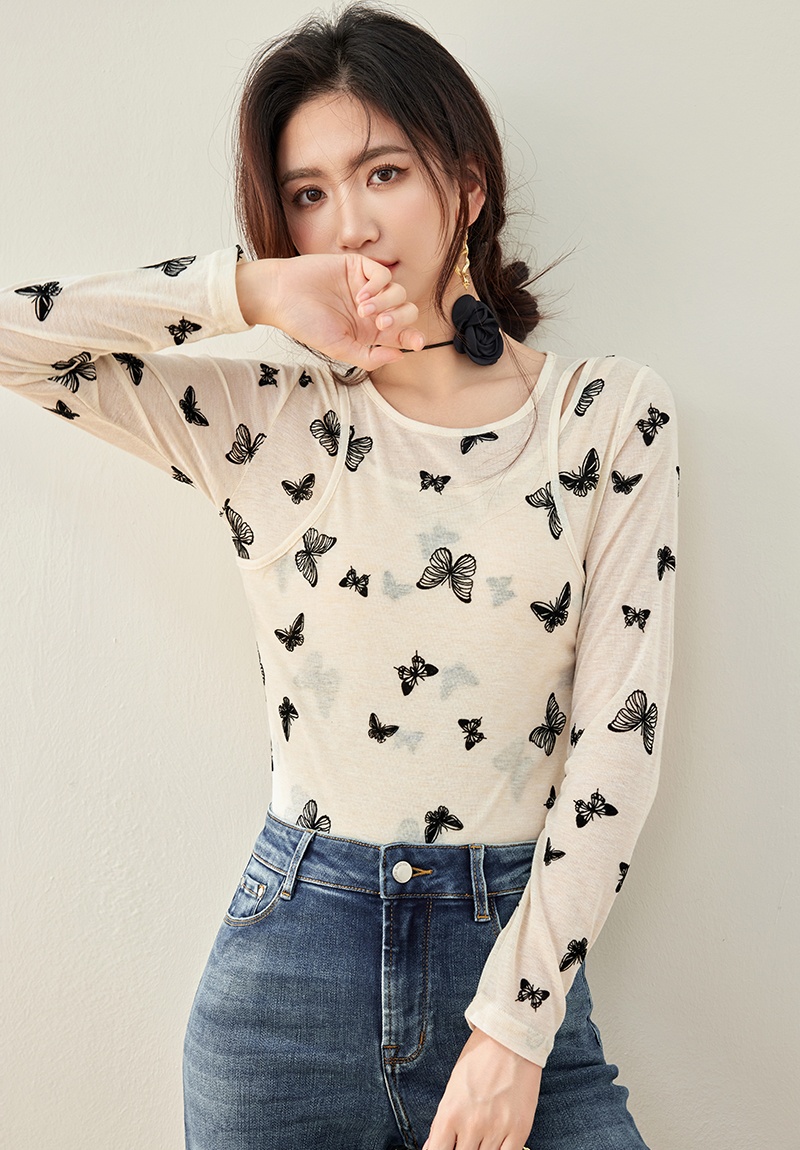 Long sleeve Pseudo-two bottoming shirt butterfly T-shirt