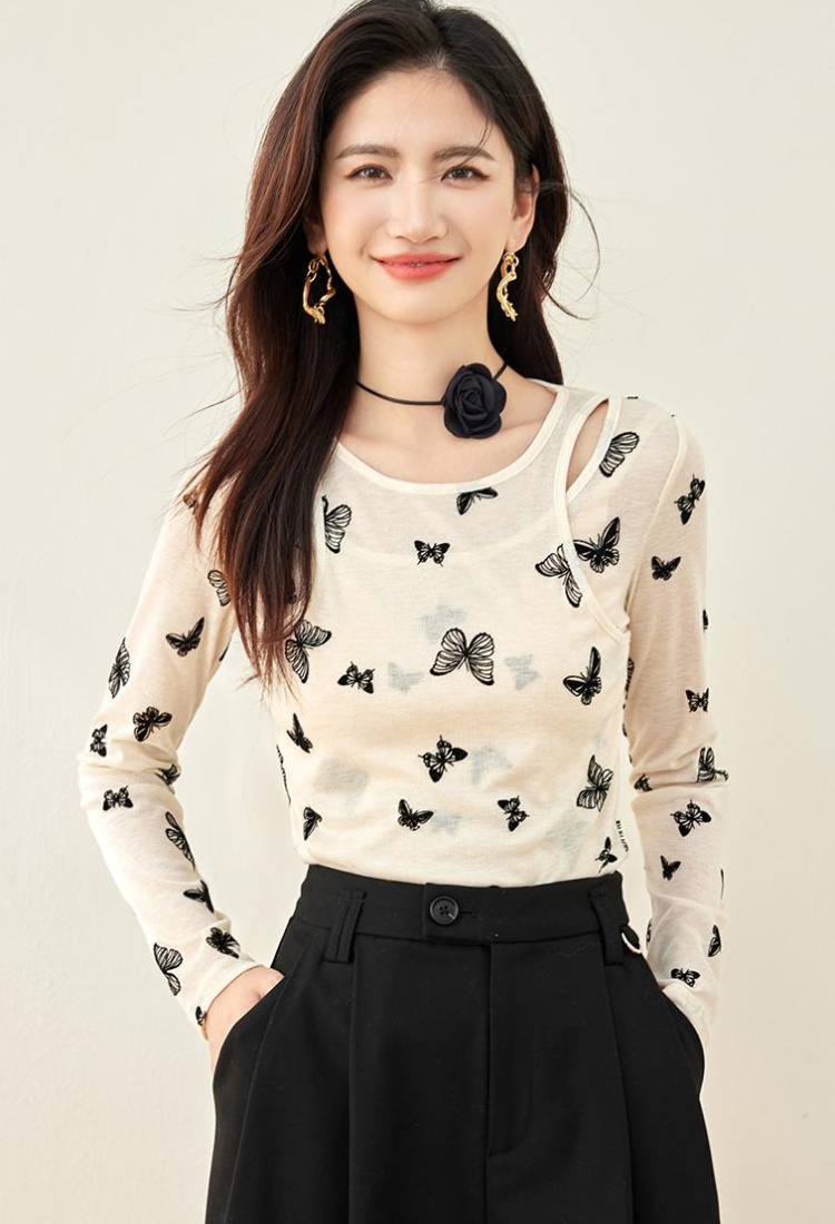 Long sleeve Pseudo-two bottoming shirt butterfly T-shirt