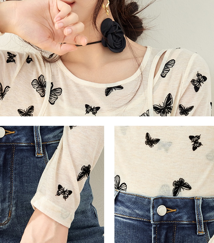 Long sleeve Pseudo-two bottoming shirt butterfly T-shirt