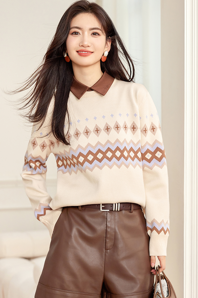 Pseudo-two quilted pattern tops autumn sweater for women