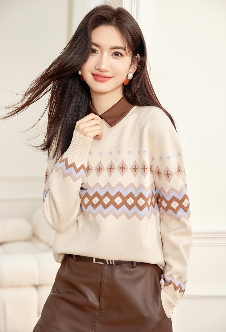 Pseudo-two quilted pattern tops autumn sweater for women