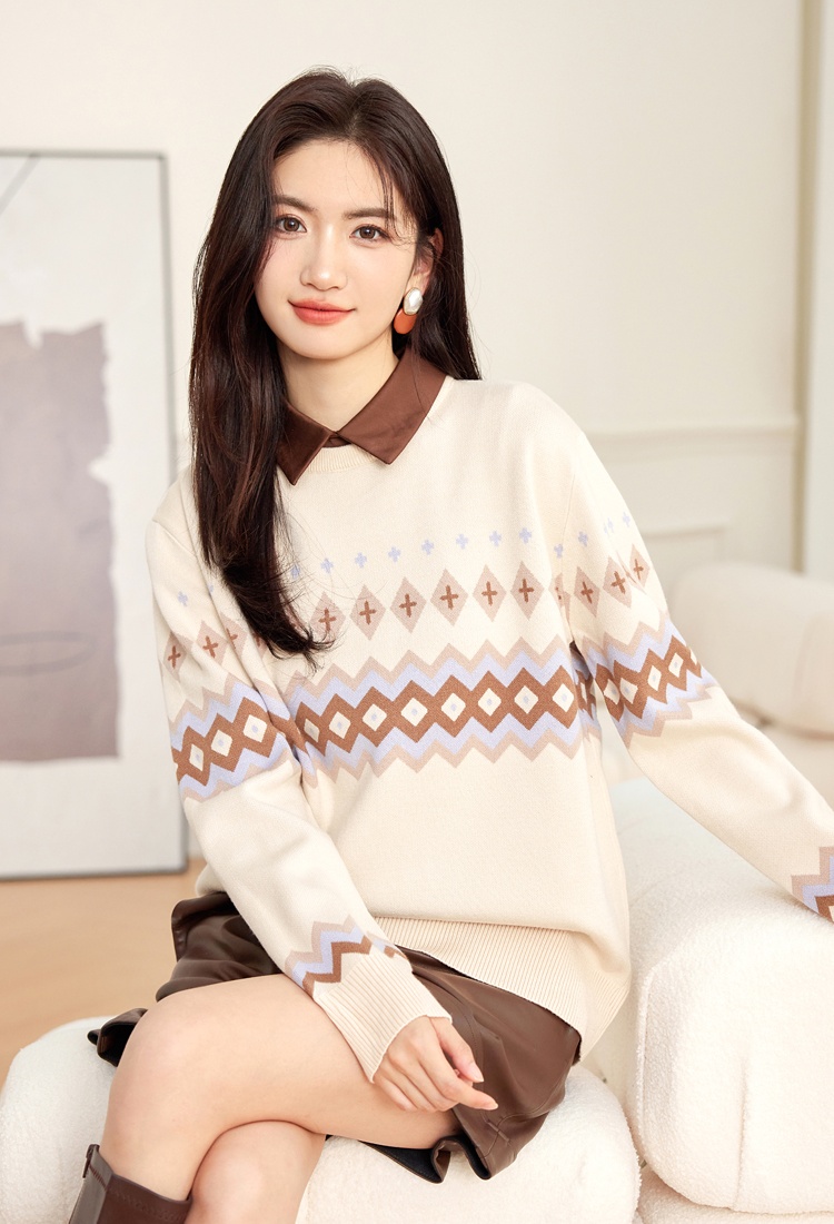 Pseudo-two quilted pattern tops autumn sweater for women