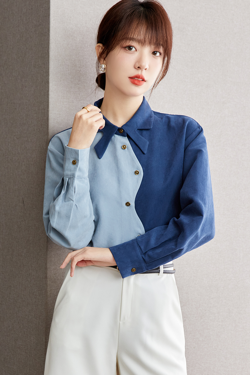 Blue France style tops autumn unique shirt for women