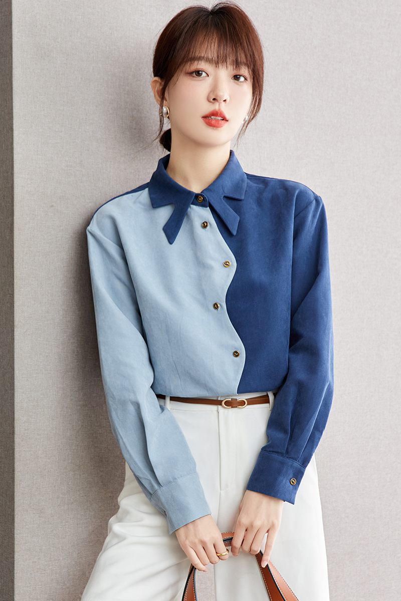 Blue France style tops autumn unique shirt for women