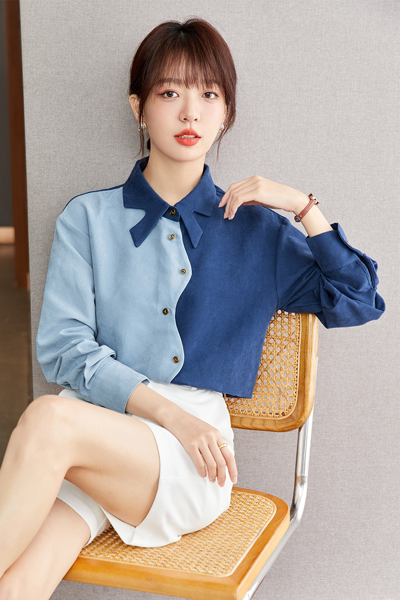 Blue France style tops autumn unique shirt for women