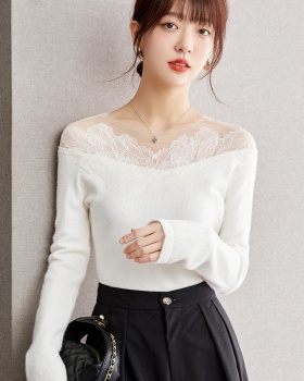 Gauze slim lace tops long sleeve splice sweater for women