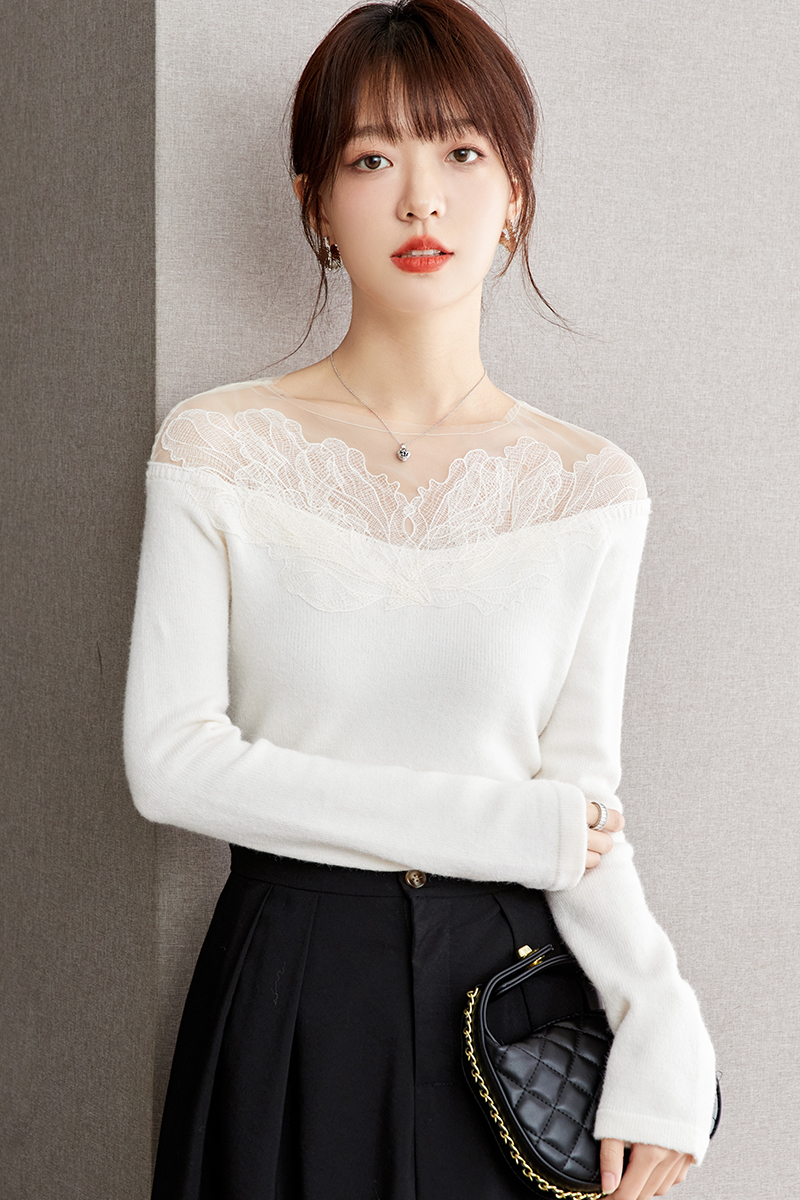 Gauze slim lace tops long sleeve splice sweater for women