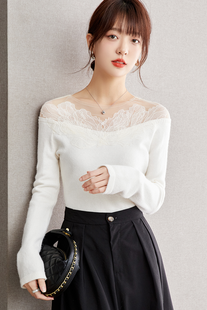 Gauze slim lace tops long sleeve splice sweater for women