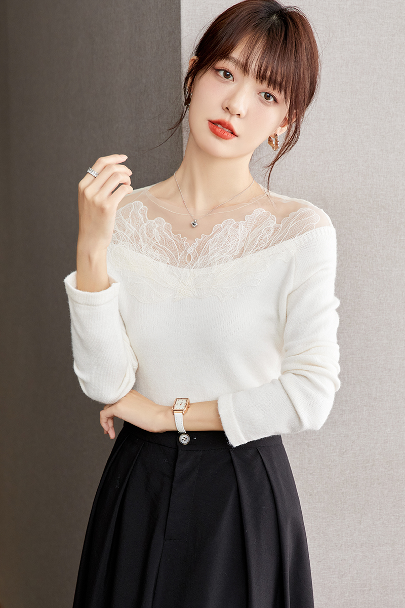 Gauze slim lace tops long sleeve splice sweater for women