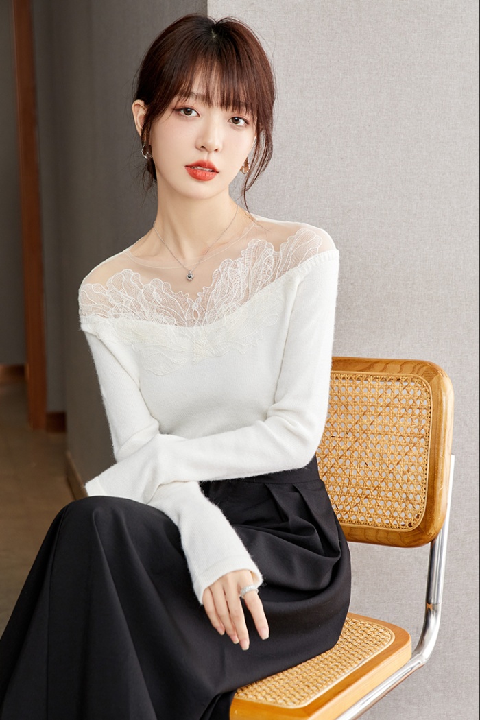 Gauze slim lace tops long sleeve splice sweater for women