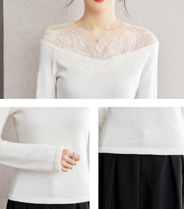 Gauze slim lace tops long sleeve splice sweater for women