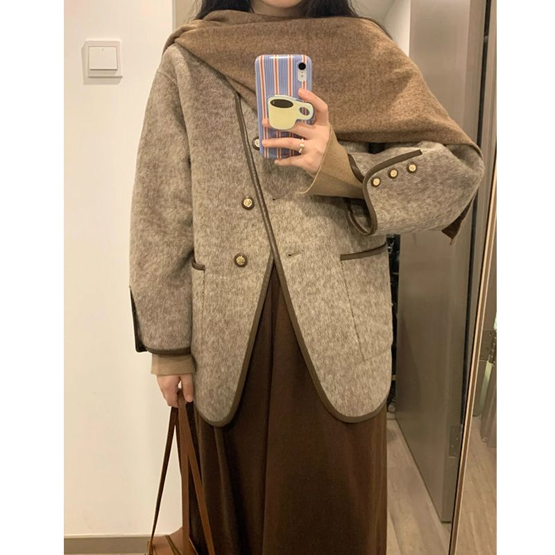 Casual France style woolen coat retro round neck tops