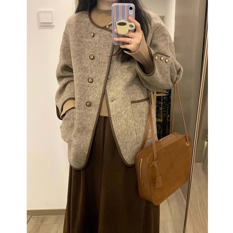 Casual France style woolen coat retro round neck tops