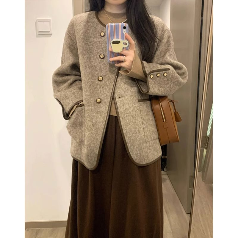 Casual France style woolen coat retro round neck tops