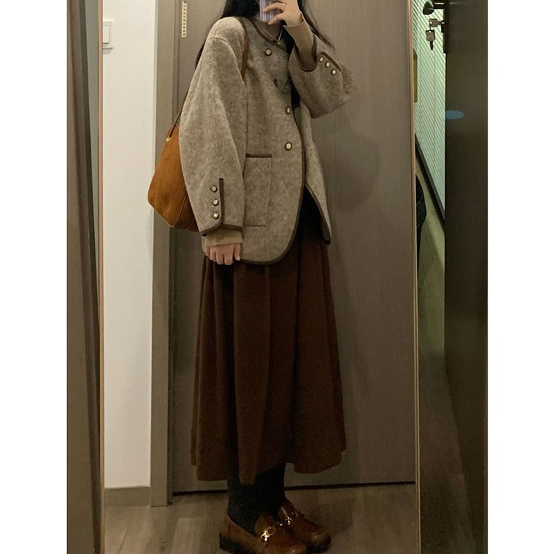 Casual France style woolen coat retro round neck tops