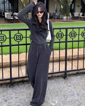 Casual hooded tops V-neck wide leg pants 2pcs set for women