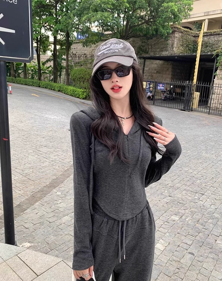 Casual hooded tops V-neck wide leg pants 2pcs set for women