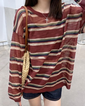 Flax stripe smock loose round neck tops for women