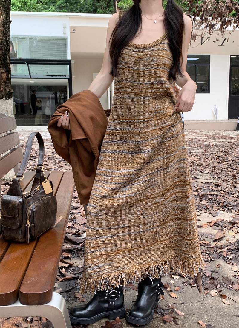 Stripe tassels long dress knitted dress for women