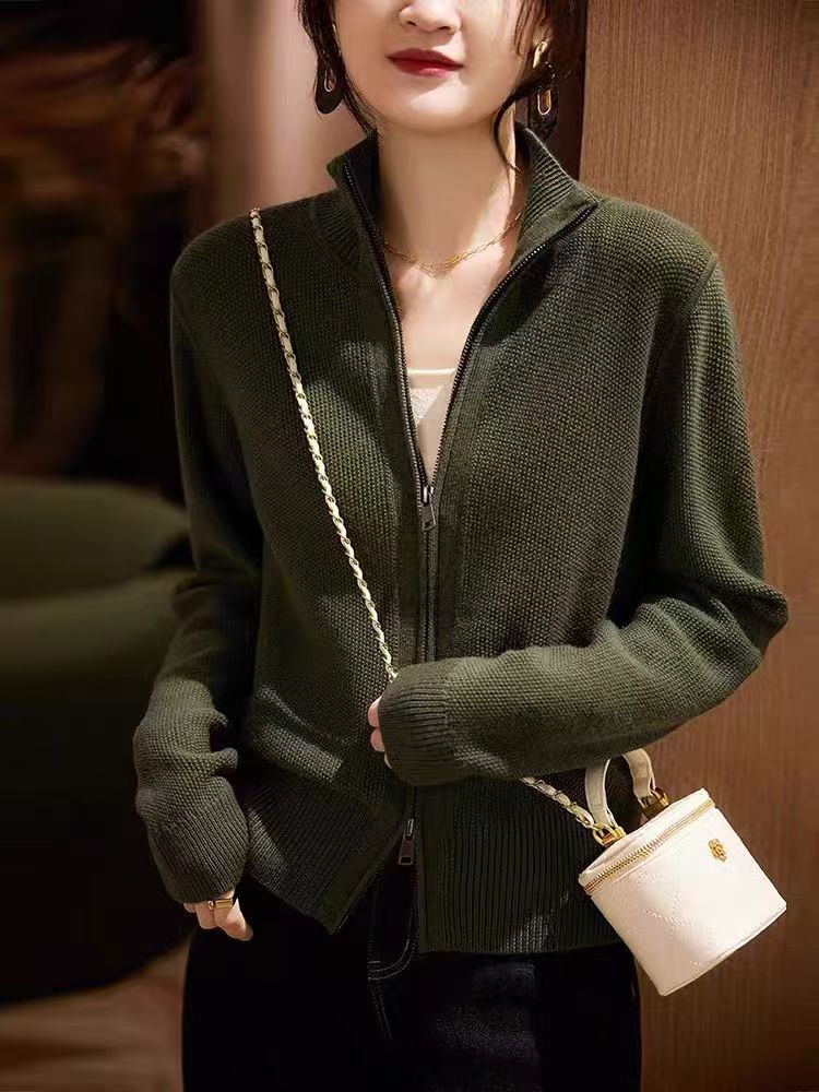 Zip fashion cardigan autumn and winter wool sweater for women