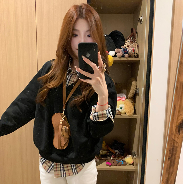 Retro Korean style plaid black sweet hoodie for women