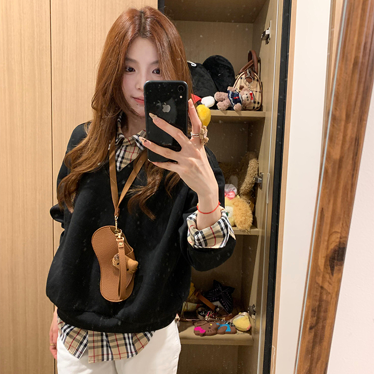 Retro Korean style plaid black sweet hoodie for women