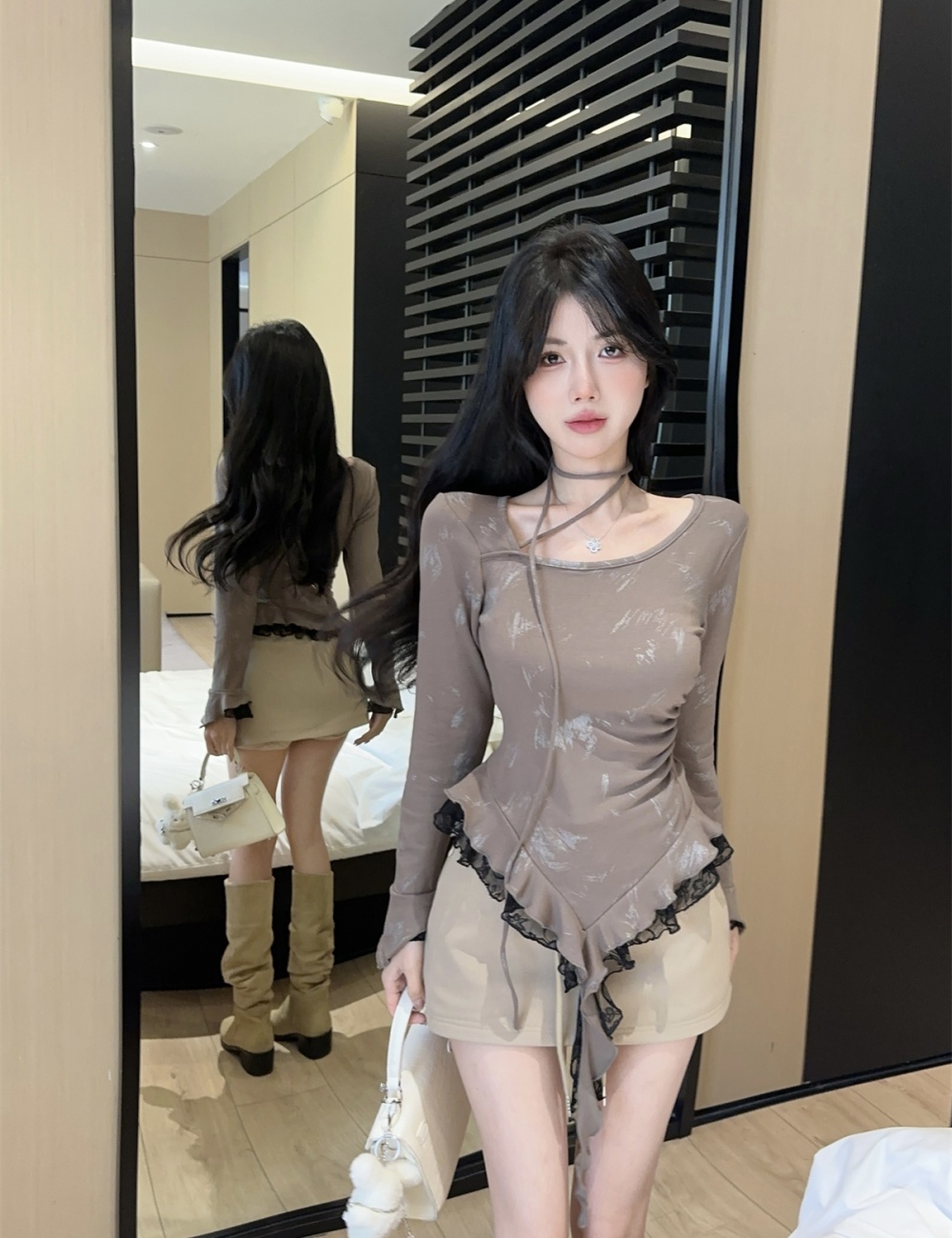 Halter stitching short skirt lace tops 2pcs set